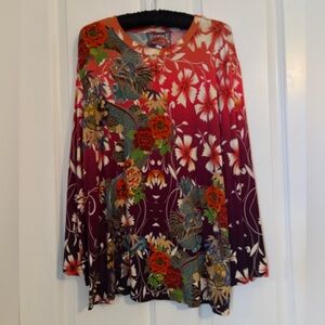 Johnny Was Red & Burgundy Floral Dragon Long Sleeve Tunic. Size XL Rayon/Spandex
